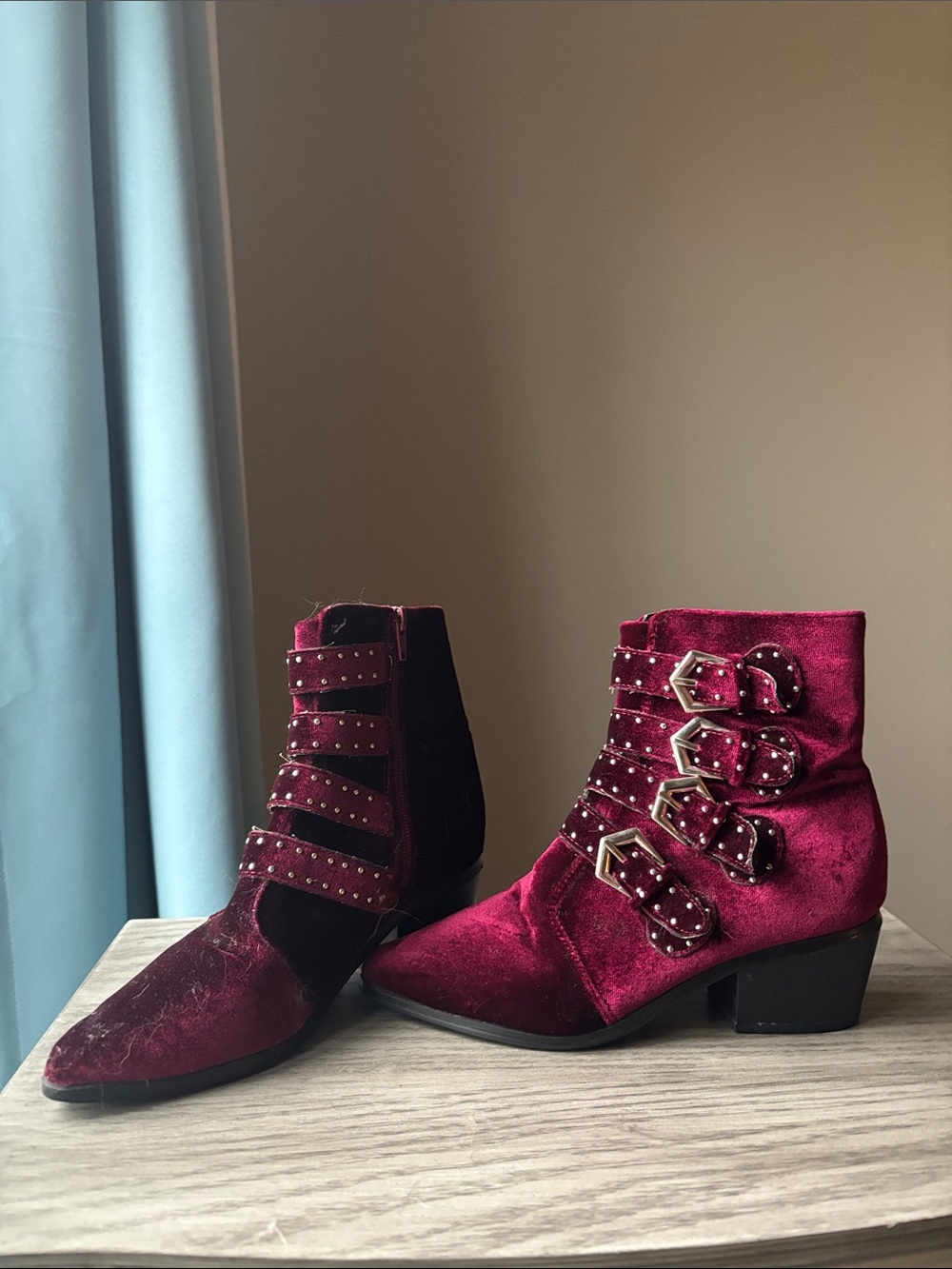 Velvet Studded Buckle Ankle Boots - Wine Red